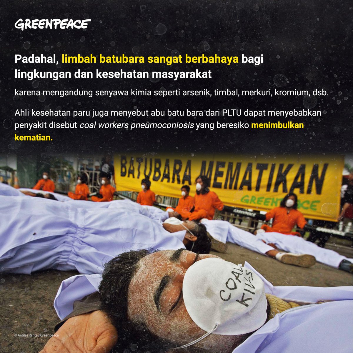 GreenpeaceID's tweet image. Pencabutan limbah abu batubara dari kategori bahan beracun dan berbahaya (B3) oleh Presiden @jokowi adalah sebuah langkah mundur dalam upaya mengurangi kerusakan lingkungan di Indonesia. Dampaknya juga sangat membahayakan bagi kesehatan masyarakat.