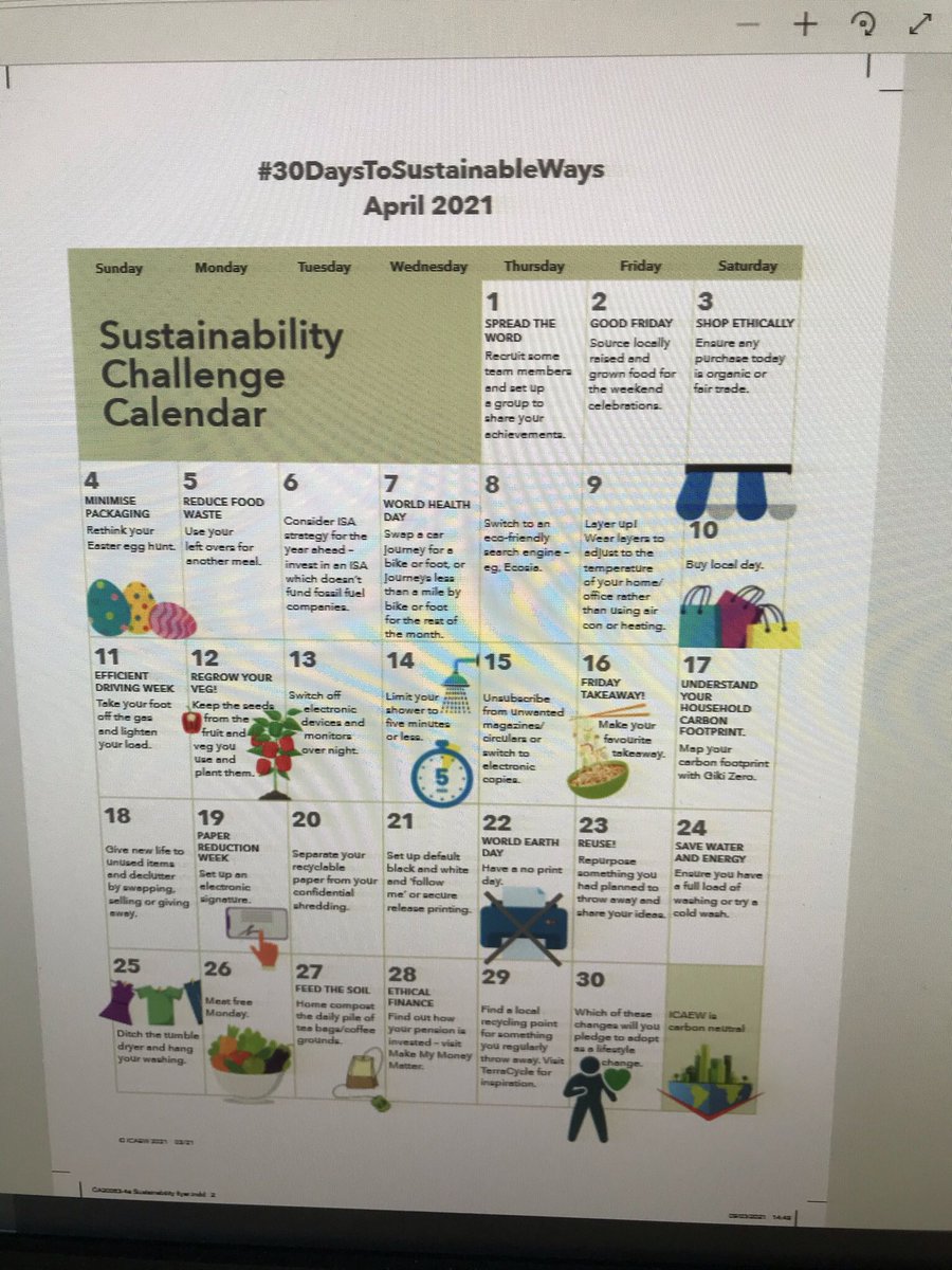 Looking forward to taking part in the “30 days to sustainable ways” challenge in April. Register for your 30 day calendar by emailing southwest@icaew.com #30daystosustainableways