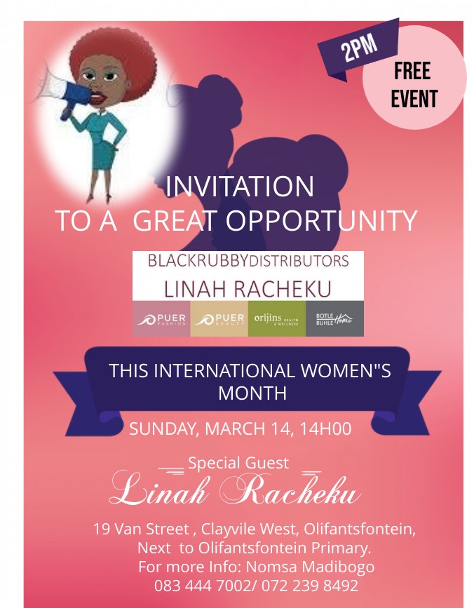 BlackrubbyD's tweet photo. #Ladies are invited to a life changing opportunity this sunday in Olifantsfontein. #BR #BlackrubbyDistribution #walala #wasala #LinahRacheku #International #Women'smonth https://t.co/C0uIURXpGx