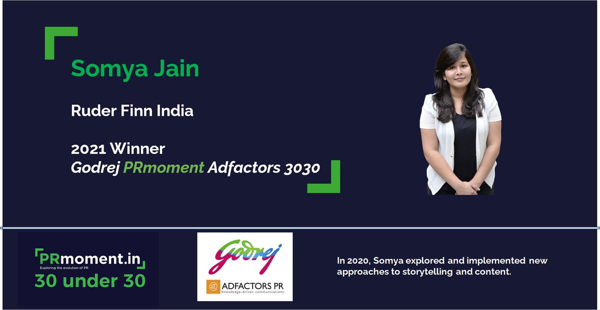 Congratulations <a href="/somyajain_/">somya</a> on making it to the #GodrejPRmomentAdfactors3030 list for 2021.  

prmoment.in/pr-news/winner…

<a href="/RuderFinnIndia/">Ruder Finn India</a> <a href="/PaarulC/">Paarul Chand</a>