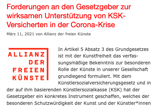 damit in der Krise nach der Arbeitsmöglichkeit nicht auch noch die soziale Absicherung verloren geht.. @AKunste fordert temporäre Aussetzung bzw. Anhebung  der Zuverdienstgrenzen für nicht-künstlerischen selbstständigen Nebenverdienst bei der KSK.  
allianz-der-freien-kuenste.de
