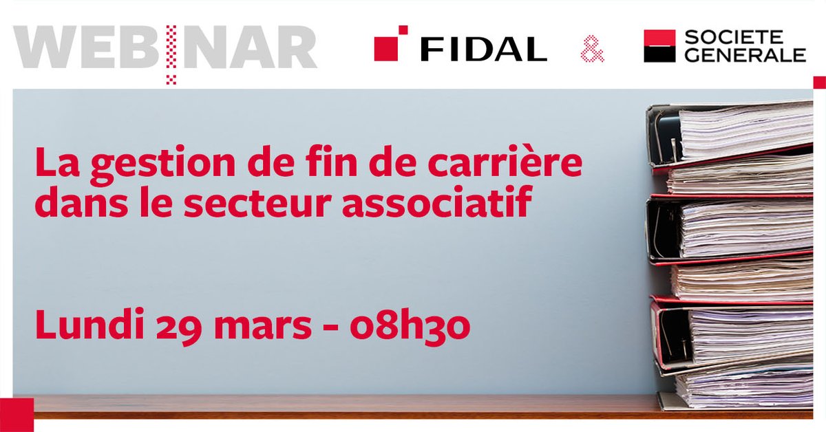 [#WEBINAR]💻 Lundi 29 mars 2021 de 08h30 à 10h00

Les experts de <a href="/Fidalloireocean/">@Fidal_LoireOcéan</a> et <a href="/SG_etvous/">SG et Vous</a>  interviendront sur la thématique de "La gestion de fin de carrière dans le secteur associatif"

Inscription et programme ➡️➡️ bit.ly/38xOfLl

#AESS #Juridique #droitsocial