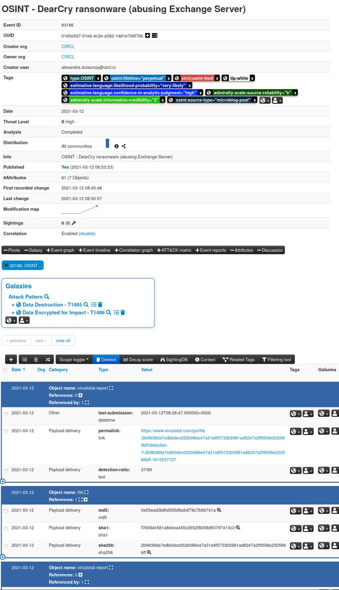 circl_lu's tweet photo. That's why patching early is critical. DearCry ransomware is already abusing the Microsoft Exchange vulnerabilities. Don't forget to review  our TR-61  https://t.co/KcOa46KOqS  and the @MISPProject OSINT feed including DearCry IOCs https://t.co/7yrbtMBYjE https://t.co/2Tw0yf1DJ0