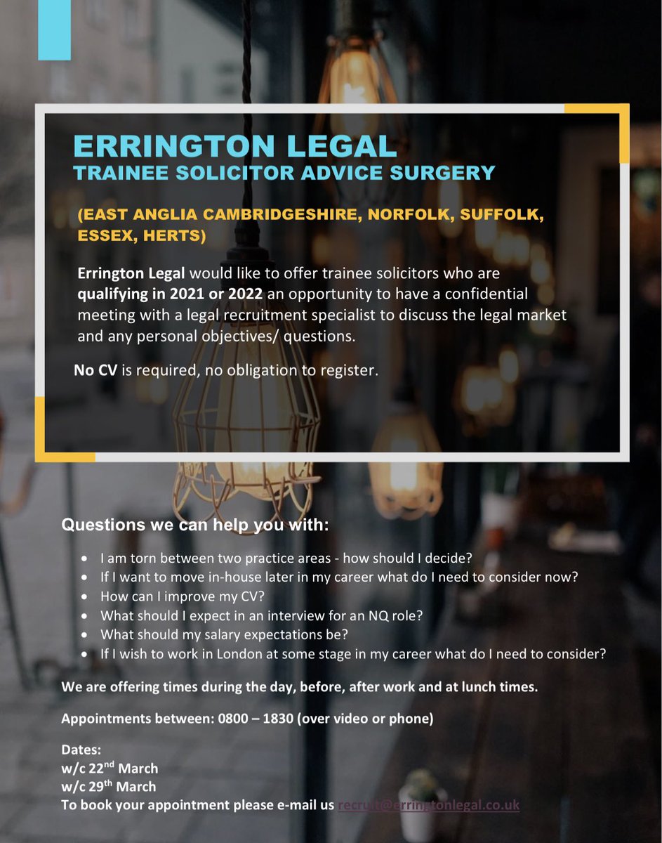 Calling all Trainee Solicitors due to qualify in 2021 or 2022 📢 

Errington Legal - Cambridge &amp; East Anglia are offering you a session with one of their legal recruitment specialists, giving you the opportunity to ask those all important questions before you qualify!