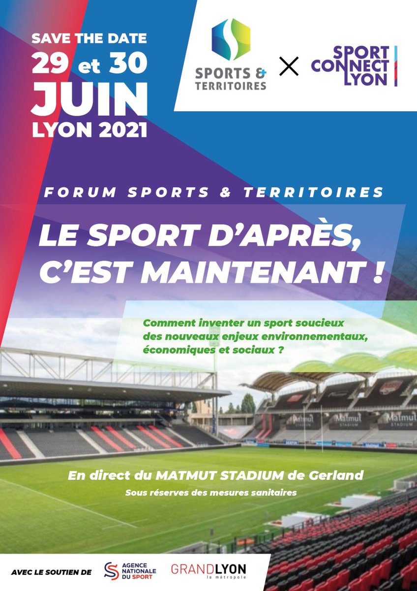 🚨[SAVE THE DATE]🚨

<a href="/SportTerritoire/">Sports et Territoires</a> &amp; <a href="/SportReseauLyon/">Sport Connect Lyon</a> s’associent pour l’organisation du « #Forum #Sports et #Territoires » les 29 et 30 juin 2021 au #Matmut #Stadium #Gerland.

Merci à <a href="/grandlyon/">Métropole de Lyon</a> pour son soutien ainsi qu’à <a href="/Agence_du_Sport/">Agence nationale du Sport</a>