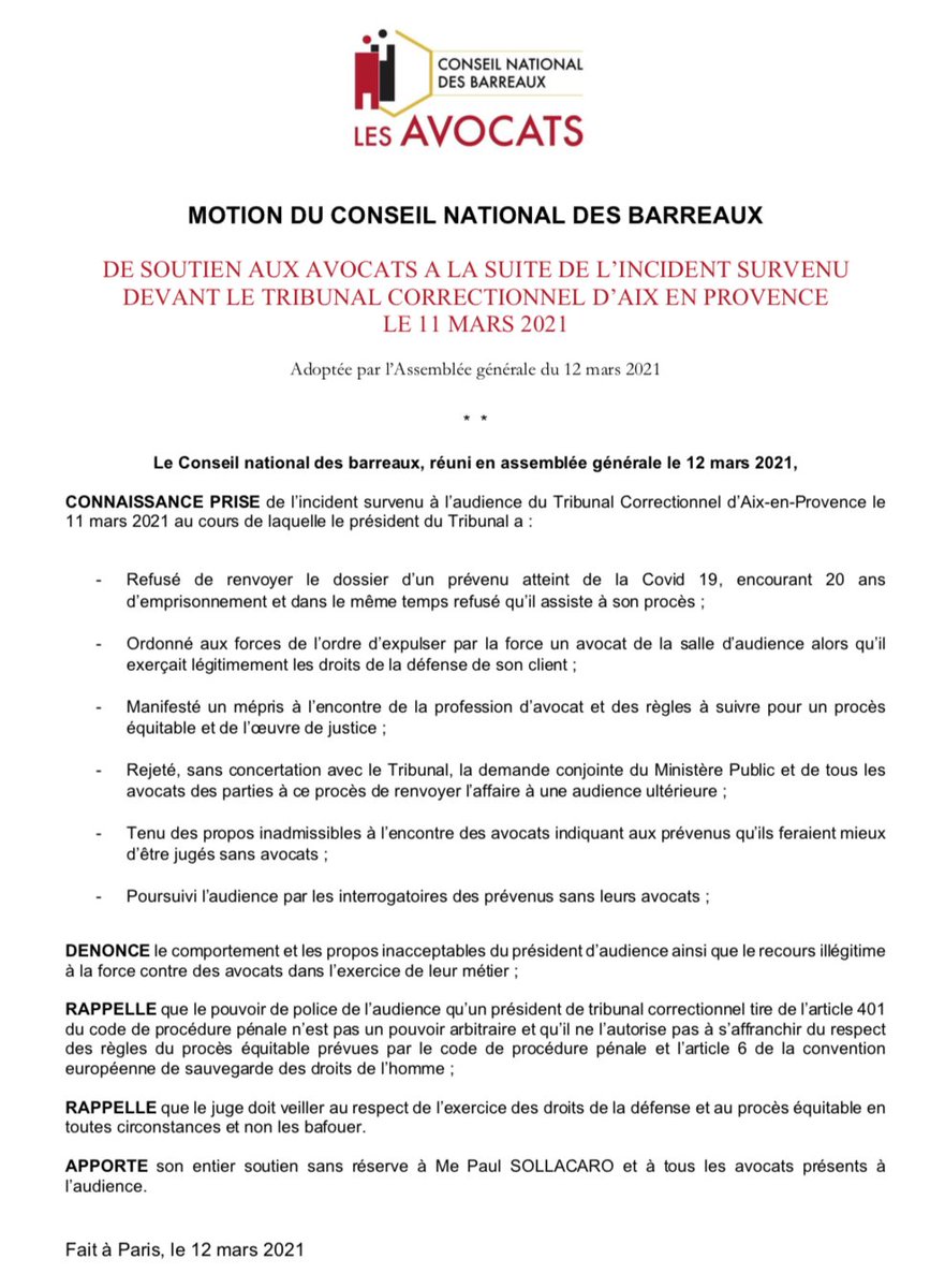 CNBarreaux's tweet photo. Incident à Aix-en-Provence : l'#AGCNB vote à l'unanimité une motion de soutien à Maître Paul Sollacaro et rappelle que le juge doit veiller au respect de l’exercice des droits de la défense et au procès équitable en toutes circonstances et non les bafouer. https://t.co/DrrRGkAWjQ