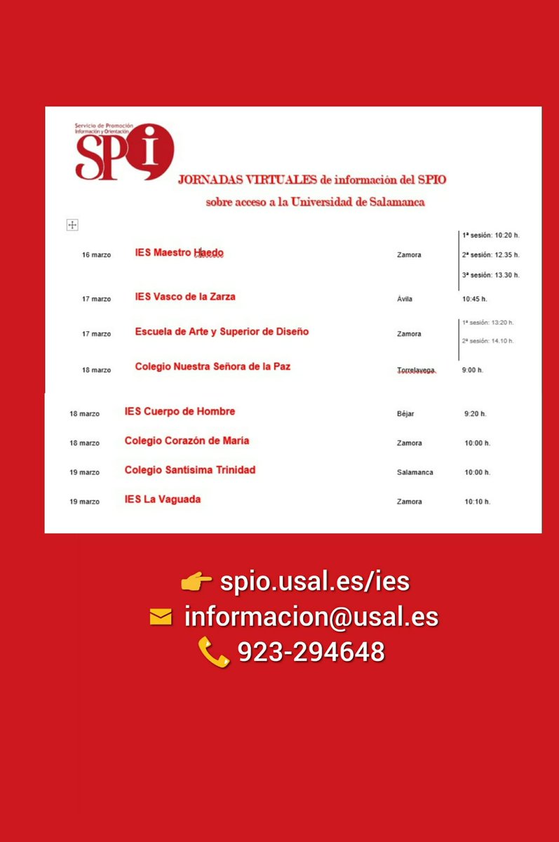 Servicio Orientación (@spiousal) on Twitter photo Sesiones virtuales sobre acceso a la Universidad de Salamanca que <a href="/SpioUsal/">Servicio Orientación</a> realizará la próxima semana en IES/Colegios
👉 spio.usal.es/ies
#accesouniversidad #usal #EBAU2021 Sesiones virtuales sobre acceso a la Universidad de Salamanca que <a href="/SpioUsal/">Servicio Orientación</a> realizará la próxima semana en IES/Colegios
👉 spio.usal.es/ies
#accesouniversidad #usal #EBAU2021