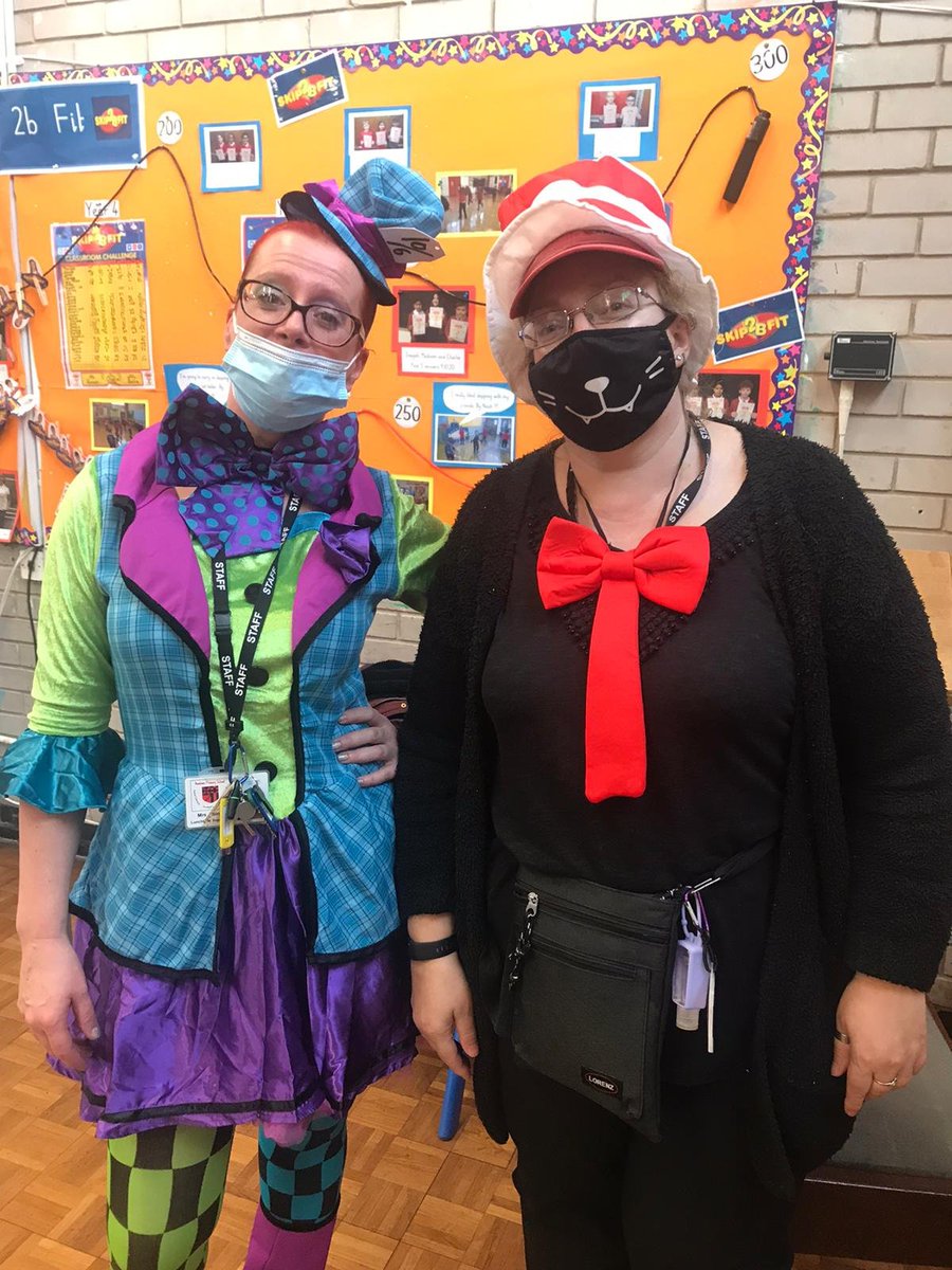 NewtownPri's tweet photo. Our lunch staff have morphed into The Mad Hatter and The Cat in The Hat! #WorldBookDay2021 https://t.co/qDgN01ZbOR
