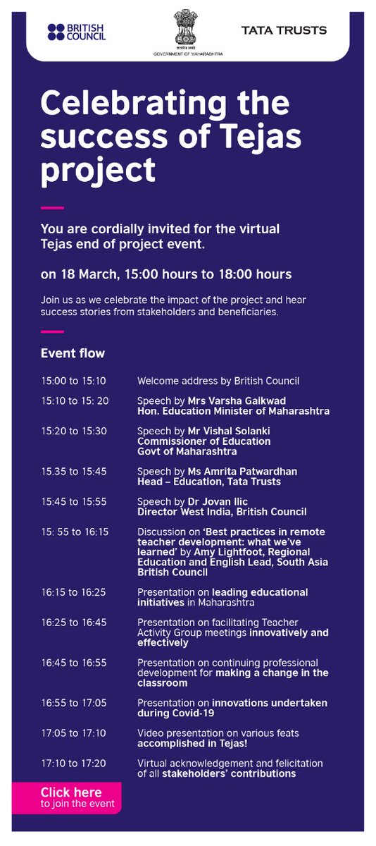 You all are cordially invited for the virtual #tejas4ed Scaleup end year of project event.
Date- 18-03-2021 
Time- 3:00pm
Following is the attendee link for participants to join the online event
tinyurl.com/y2kp24v7  #ELT
 #events  <a href="/TeachingEnglish/">TeachingEnglish</a> <a href="/ainetindia/">AINET</a> <a href="/EltaiIndia/">ELTAI India</a>