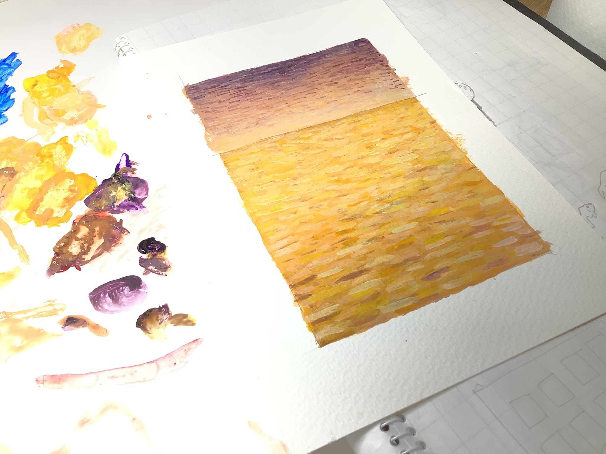 ノグチヒロシ 今日はハガキサイズの画を描いています 私の描き方は まず舞台 背景 をある程度描き込みして その上から登場キャラを下書きして 色付け 重ね描き していきます さぁ 今から仕上げです 出来れば今夜 深夜 完成したいです 仕上がっ