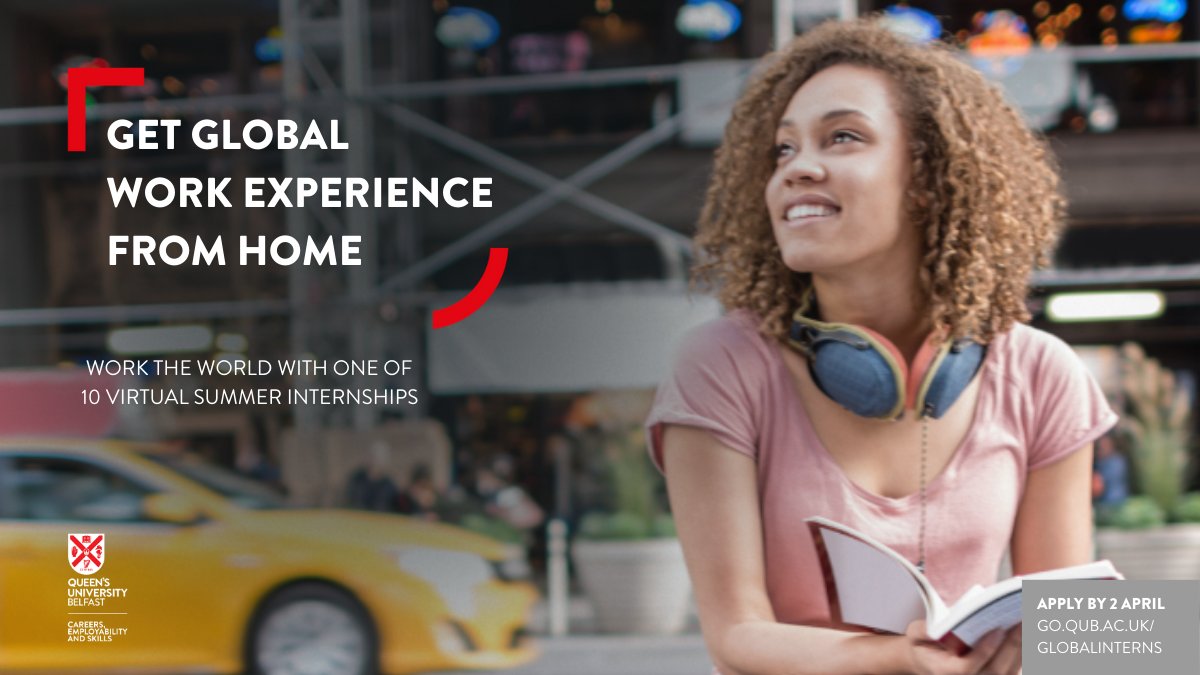 QUBCareers's tweet photo. Fancy getting global work experience from home this summer? We are funding up to ten 4-week summer internships for UG students. 

Browse internships and apply by 2 April 👉 https://t.co/0SxrPBSKqg

#QUBCareers #GoGlobal #International #WorkExperience #Internships #LoveQUB https://t.co/fsTndrYAMN