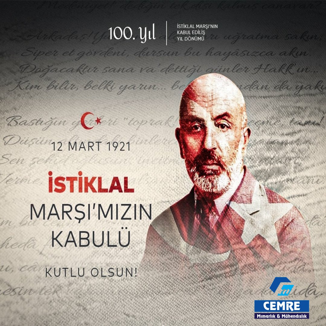 İstiklal Marşımızın kabulünün 100.sene-i devriyesinde İstiklal Şairimiz Mehmet Akif Ersoy'u ve aziz şehitlerimizi rahmetle anıyoruz. 
#istiklalmarsı100yasında