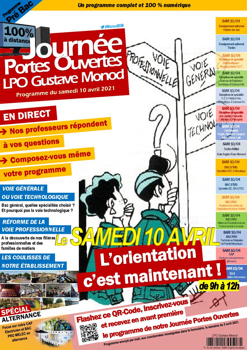 Á vos agendas 🗓️, le [samedi 10 avril] de 9h à 12h, le LPO #MonodElB <a href="/EnghienlesBains/">Enghien-les-Bains</a>  vous propose une #JPO #PréBac 100% virtuelle. Inscrivez-vous via le lien forms.gle/QutxR83TSQRykc… et recevez votre programme en avant-première. #Orientation #Parcours