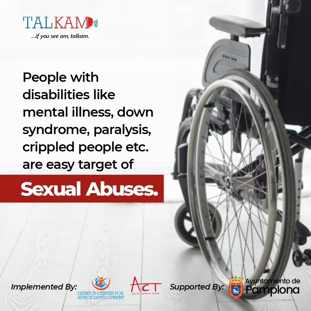 devatopafrica's tweet photo. People with disabilities like mental illness, down syndrome, paralysis, cripple people etc. are easy target for sexual abuse.
With Talkam App (https://t.co/bHTD6JPlpf), you can report Human Trafficking.
#Talkam is supported by @Pamplona_ayto and @ACTrata
#Devatop
#ATIPSOM https://t.co/7CnmCJnCXc