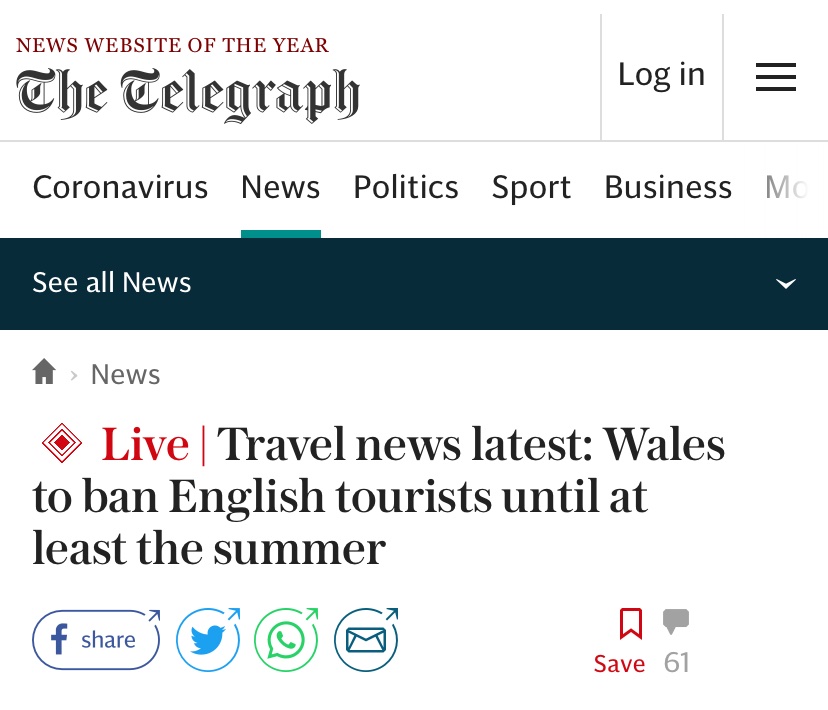 The Telegraph is lying here. Tourism from England to the rest of the UK is banned under England’s own lockdown rules, and will be until at least the 12th of April.