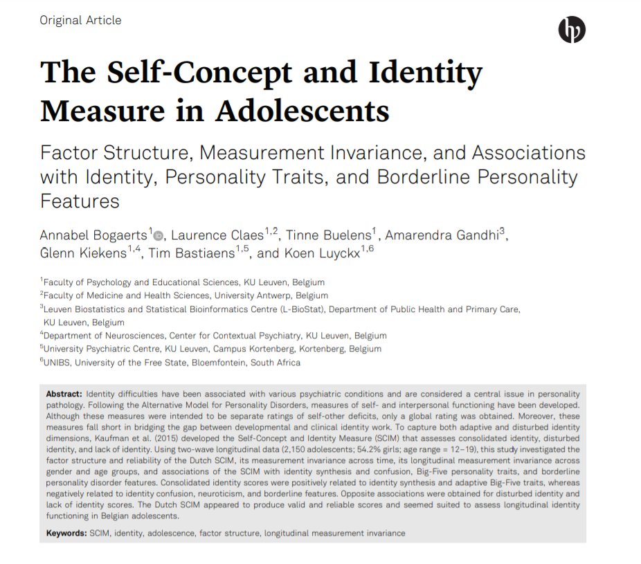 New comprehensive study on the Dutch Self-Concept &amp; Identity Measure investigates its factor structure, invariance across time, gender &amp; age, &amp; associations with identity synthesis &amp; confusion, the Big-Five, &amp; more.  <a href="/laurence_claes/">Laurence Claes</a> <a href="/TinneBuelens/">Tinne Buelens</a> <a href="/GKiekens/">Glenn Kiekens - gkiekens.bsky.social</a> econtent.hogrefe.com/doi/abs/10.102…