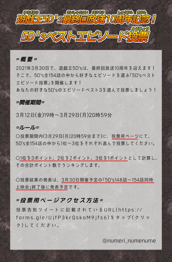 重曹ぬめり A A 今年3月30日で 遊戯王5d S最終回放送10周年 というわけで5d S全154話の中から好きな回を選ぶ 5d Sベストエピソード投票 を開催します こちらの専用ページから投票可能です T Co Q1uugh1ics 詳細は画像をご確認 重曹ぬめり A A 今年3月30日で 遊戯王5d S最終回放送10周年 というわけで5d S全154話の中から好きな回を選ぶ 5d Sベストエピソード投票 を開催します こちらの専用ページから投票可能です T Co Q1uugh1ics 詳細は画像をご確認