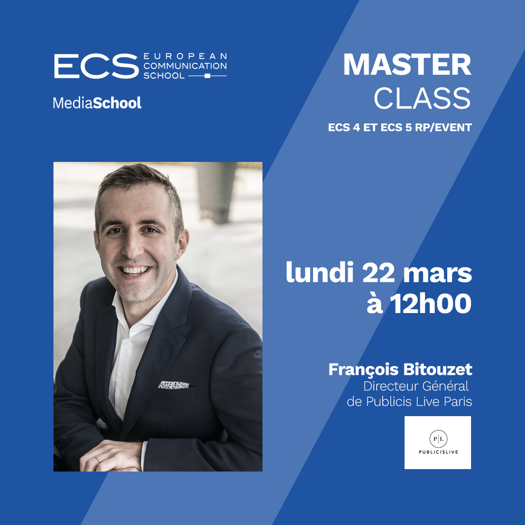 [ANNONCE]

François Bitouzet (<a href="/b2zet/">François Bitouzet</a>), directeur général de Publicis Live Paris (<a href="/PublicisLive_FR/">PublicisLive Paris</a>), sera l'invité de la #MasterclassECS le lundi 22 mars 2021, pour les étudiants en Master RP/Event !

<a href="/MediaSchoolGr/">MediaSchool</a>