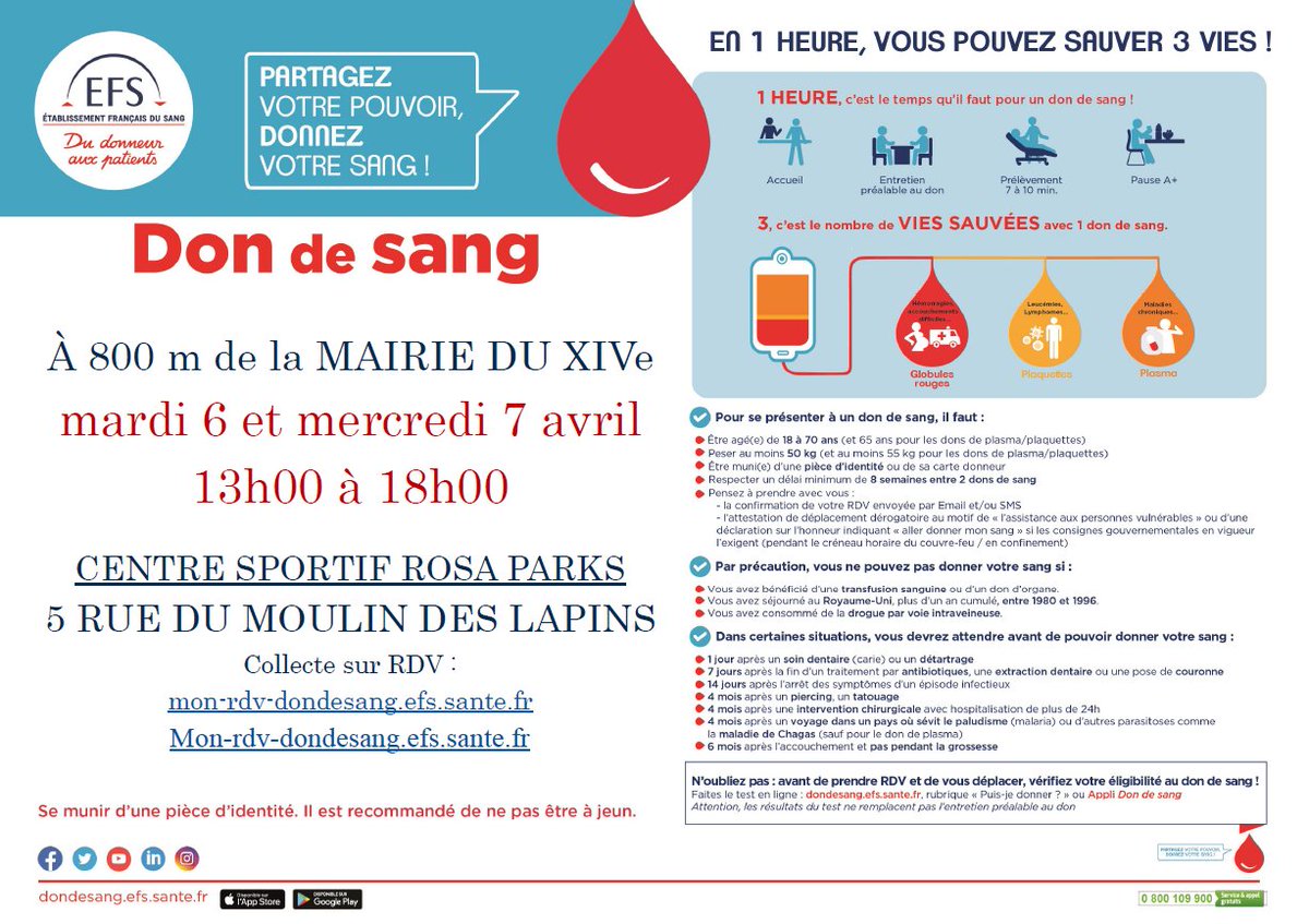 🩹🩸 [DON DU SANG] Rendez-vous les 06 et 07 avril de 13h à 18h pour la collecte organisée par l'Etablissement Français du Sang, sur inscription, au Centre sportif Rosa Parks, 5 rue du Moulin des lapins !
Pour prendre rendez-vous : Mon-rdv-dondesang.efs.sante.fr
