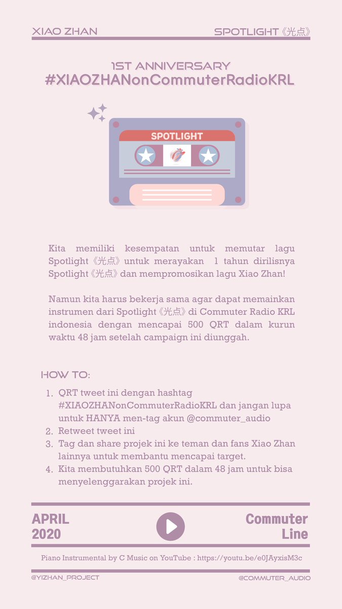 YiZhan_Project's tweet photo. #XIAOZHANonCommuterRadioKRL

Spotlight 1st Anniversary @ Commuter Radio KRL Indonesia

Hi Xiao Zhan’s fans~ We hold a campign with @commuter_audio to play the instrument of Spotlight in all route of KRL in Jabodetabek! We need 500 QRT in 48H to achieve it!

Help RT ❤️

Details ⬇️ https://t.co/YOsAJ7AQiI