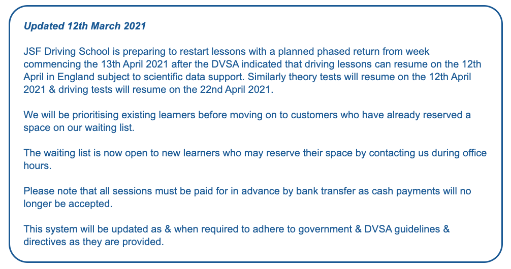 JSFDriving's tweet image. Plans to restart driving lessons subject to Government decision  with scientific data on 5th April 2021