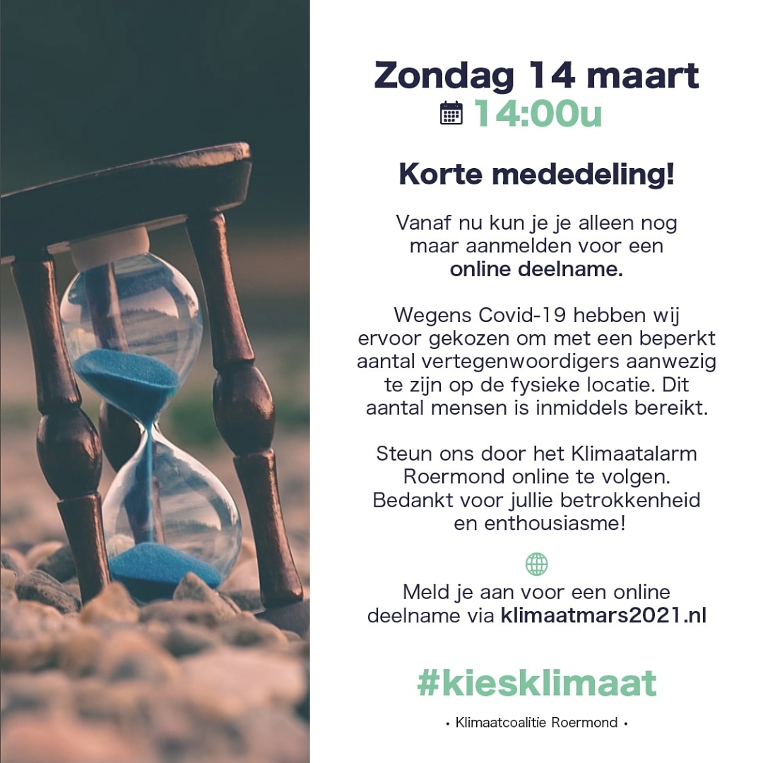 KlimaatalarmRM's tweet image. Steun ons door het Klimaatalarm Roermond online te volgen. 
Ontzettend bedankt voor jullie betrokkenheid en enthousiasme!
•
Meld je aan voor een online 
deelname via klimaatmars2021.nl
•
#kiesklimaat