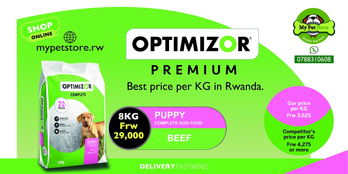 MyPetStoreRw's tweet photo. The #Optimizor dog food range is now available. We have the best price per KG in Rwanda. Hit us up for these and more dog foods by visiting: https://t.co/5lomXPImYD and get free delivery wherever you are in Kigali.

#RwOT https://t.co/P4YBMYWidN
