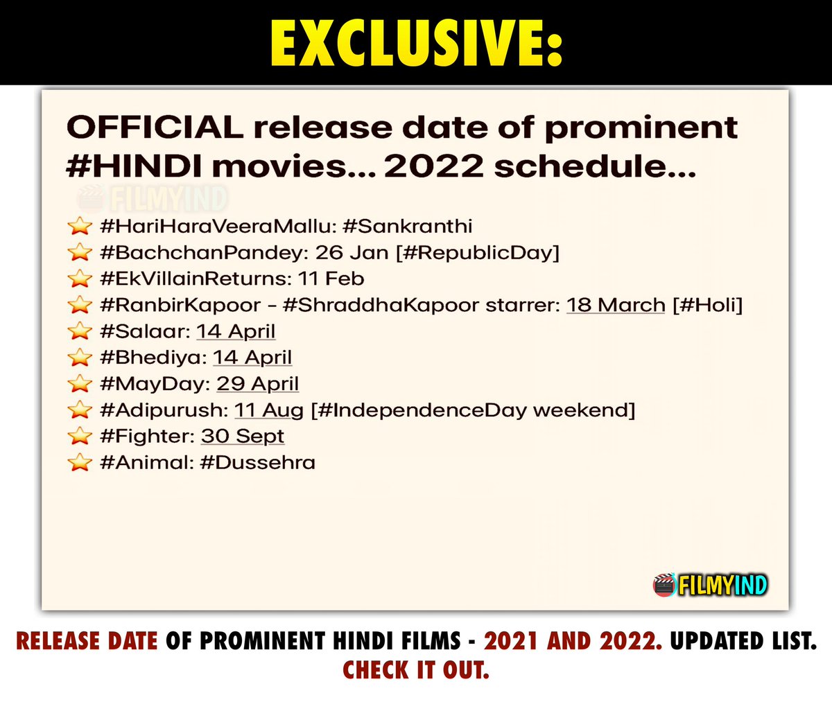filmyind's tweet photo. #exclusive
Release date of prominent HINDI films - 2021 and 2022. UPDATED LIST. Check it out.
.
Follow @filmyind 
.
#Bollywood #Tollywood #akshaykumar #salmankhan #shahrukhkhan #PrabhasEra #ajaydevgan #AlluArjun #MaheshBabu #pawankalyan #AamirKhan #VarunDhawan #KGFChapter2 https://t.co/O3UTW6ZMcT