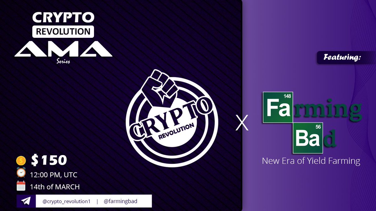 revolut20's tweet image. Crypto Revolution is pleased to announce next AMA in the group on 14th of March, 12:00 PM UTC Time:
Crypto Revolution &amp;amp; Farming Bad 

Follow:
@revolut20 
@FarmingBad 

Like &amp;amp; Retweet, tag 3 friends and ask your questions bellow:
( Max 2 Questions per person )