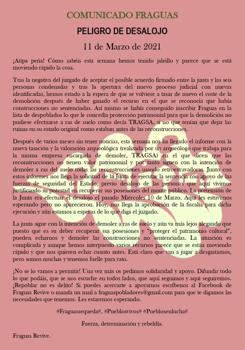 Comunicado #Fraguas #Guadalajara a 11-3-21
¡Peligro de desalojo!

Junta y fiscalía han aprobado el desalojo
Estamos a la espera de que lo que diga el juzgado
#FraguasRevive pide difusión y solidaridad

#RepoblarNoEsDelito
#FraguasSeQueda
#FraguasResiste
#PueblosVivos
#FraguasVive