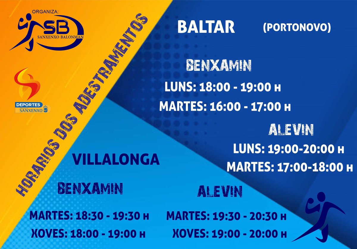 SBalonman's tweet photo. CONFIRMADO,iniciamos luns e estaremos en Baltar e Villalonga 😊Compartimos os horarios e o enlace de inscrición para pre-reserva!! O prezo e de 15€/mes 2 días a semana.Este mes e gratuíto para que @s nen@s poidan probar e coñecernos! 💙 Agradecemos difusión🤾#SanxenxoBalonmán https://t.co/6jaKsN8aL5