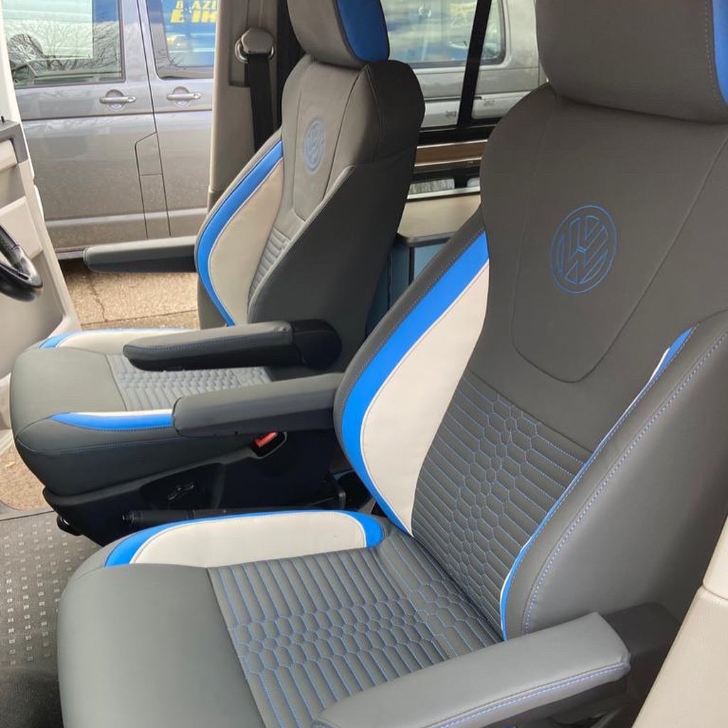 VisionLeisure's tweet photo. Another busy week here at Vision! Another pair of Recaro upgrades on a T6. These colours compliment each other nicely 💙 #campervanupholsteres #autotrim #autotrimmer #recaro #recaroseats #recaroseating #vwt6 #vw #vwcamper #vwtransporter #vwt6club #vwconversions https://t.co/l0E4otWsJG