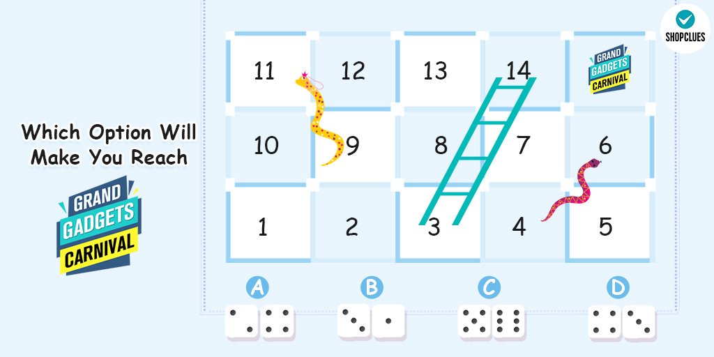 ShopClues's tweet image. It's time for some 🐍 and ladder! We are sure you remember this customary childhood game... now have a close look at our post and tell us which option is the right answer to reach our Grand gadget sale. It's really easy 😌 Start commenting now!

#snakeandladder