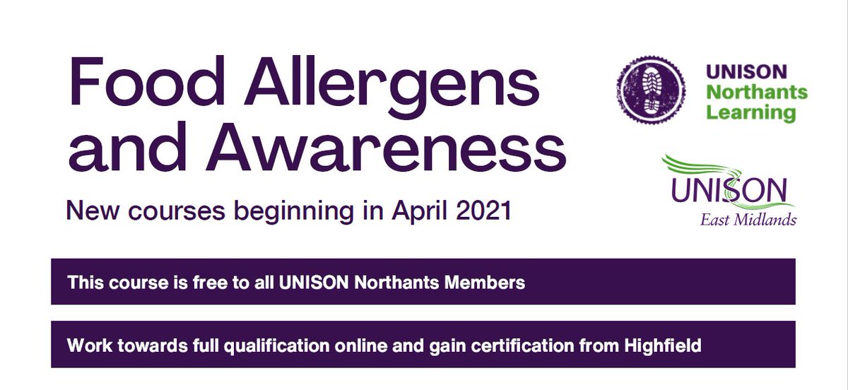 LearnNorthants's tweet photo. Food Allergens and Awareness - New course beginning April 2021 - Gain certification through online learning - Free to Northants Unison members. Sign up via https://t.co/RLCsJLv9y8 https://t.co/0Sy7dwNOHh