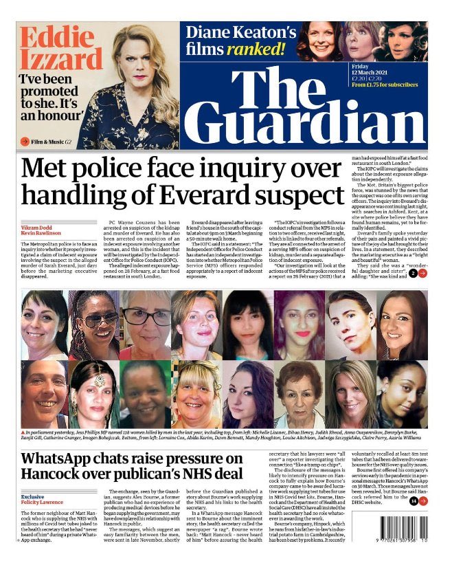 Jebadoo2's tweet image. 1/ Thread: The front page of the guardian juxtaposes a narcissistic man with what he calls “boob envy” with the faces of women murdered by men. It’s a work of calculated cruelty, a visual language not of a category error, but trolling women by way of reduction into body parts.