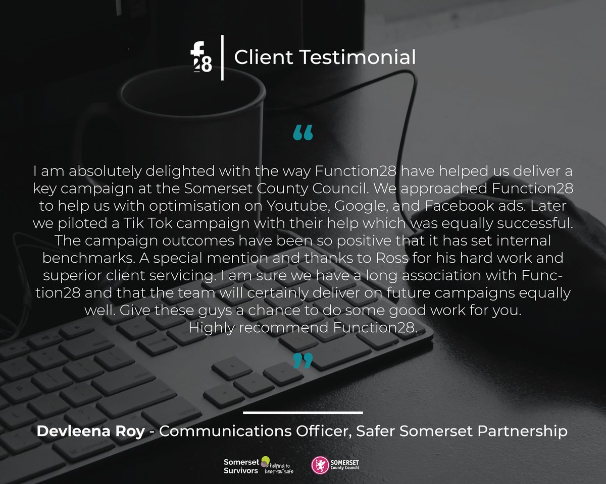 Function28's tweet photo. We have loved working alongside Somerset Survivors and Somerset Council, we have created some great campaigns so far.
Thanks very much to Dev and her team for the testimonial. Looking forward to the future projects we have lined up! π
#Function28 π» https://t.co/8FWIRNwHDO