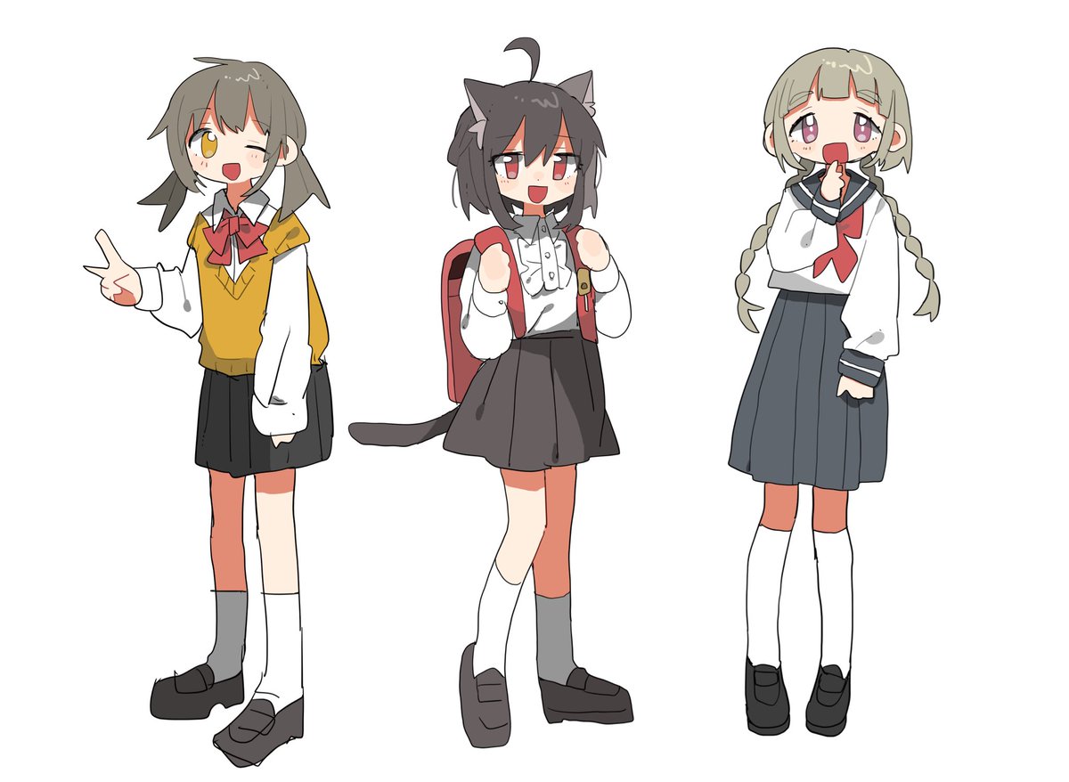3girls skirt multiple girls backpack animal ears cat ears school uniform  illustration images