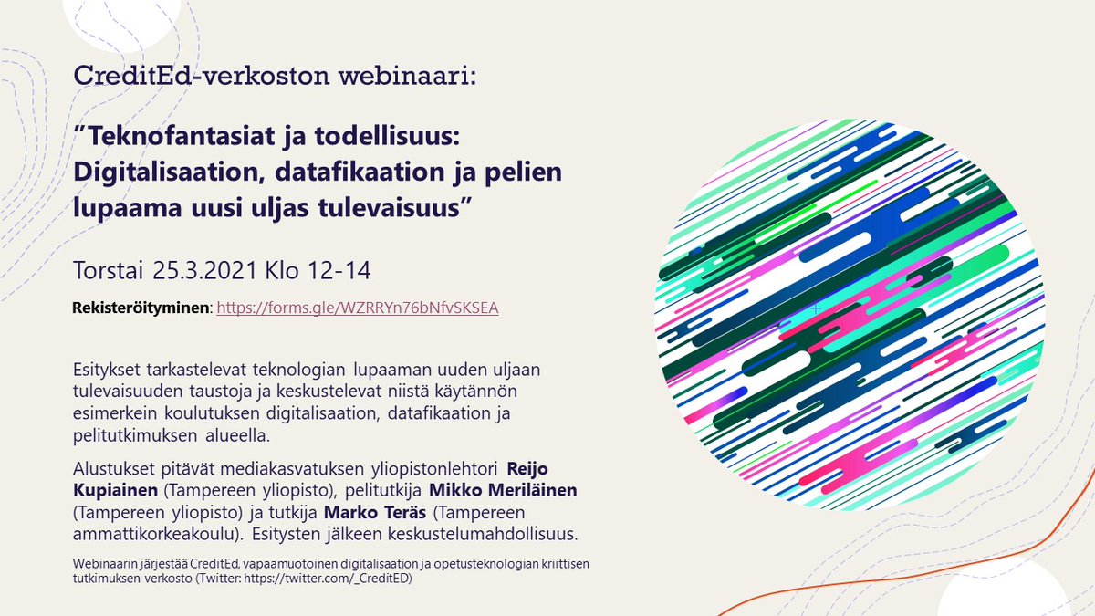 _CreditED's tweet photo. @_CreditED
webinaari: ”Teknofantasiat ja todellisuus: Digitalisaation, datafikaation ja pelien lupaama uusi uljas tulevaisuus”. Torstai 25.3.2021. Rekisteröityminen: https://t.co/02fBF4wkpP #digitalisaatio #datafikaatio #pelitutkimus @MVMerilainen
@rkupiainen @markoteras https://t.co/stYVMmc019