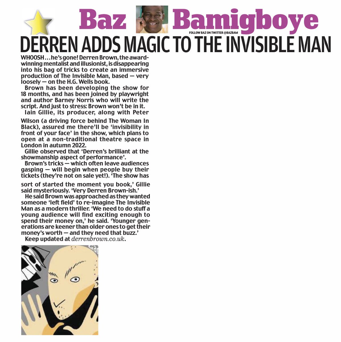 DerrenBrown's tweet photo. Early days but I’m developing a very different version of The Invisible Man with playwright ⁦@barnontherun⁩... https://t.co/cd8CE3qxQC