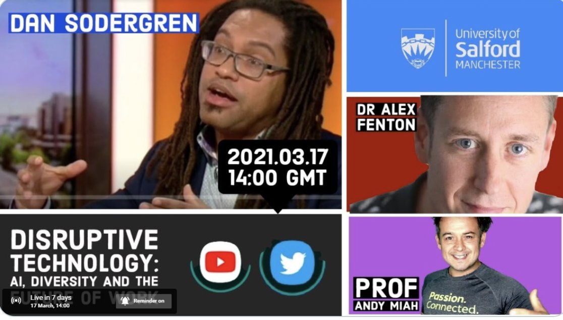 Amazing session lined up for Wednesday. <a href="/dansodergren/">Dan #AI #Tech #FutureOfWork Södergren</a> from @_YourFLOCK discusses #AI, #DiversityAndInclusion and the #FutureOfWork with <a href="/andymiah/">Prof Andy Miah | he/him ❤️</a> 17/3/21 at 2PM GMT live on YouTube. More details on this &amp; other fortnightly events at hub.salford.ac.uk/sbs-disruptive… #Passion4Digital