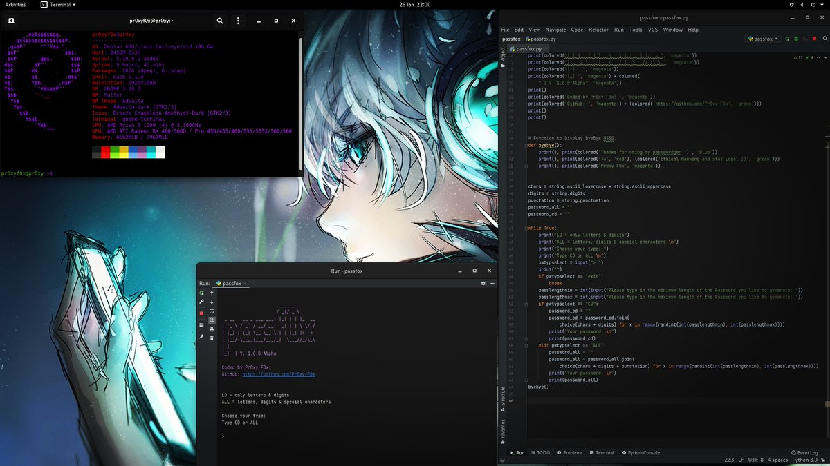 3XS0's tweet image. Working on a Password Generator.
#debian #linuxuser #linuxdesktop #pythonlearning #python #pythoncode #pythoncoding #ethicalhacker #ethicalhacking #whitehathacker #cybersecurity #kalilinux #encryptionisnotacrime #pentesting #hacking #informationsecurity #itsecurity #itsec