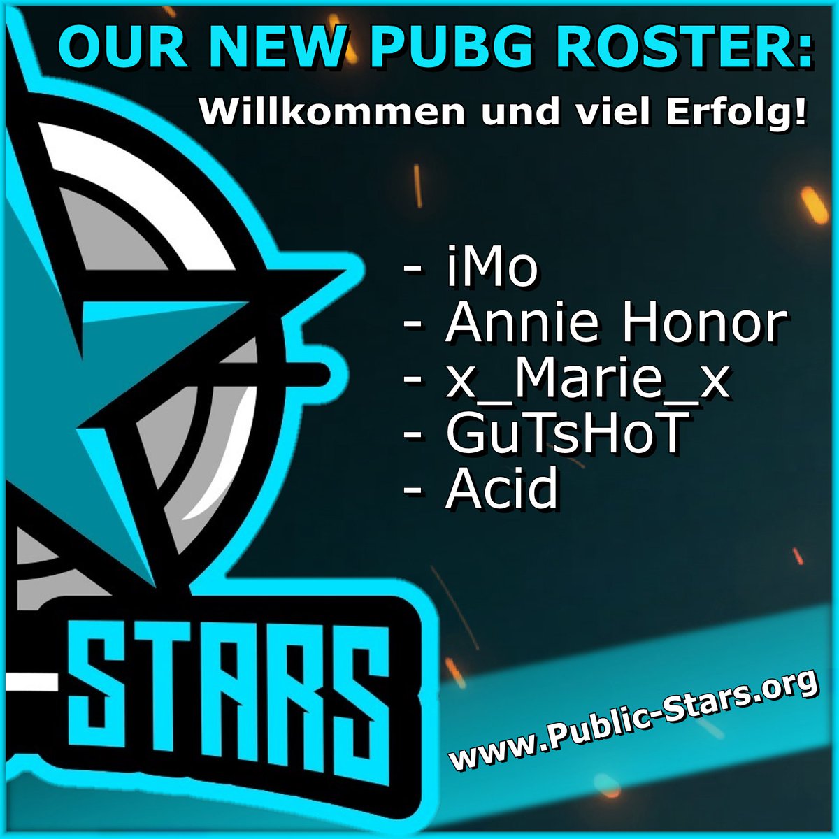 Unser neues #PUBG Line Up:

★ 🇩🇪<a href="/ImoPst/">PST_iMo</a> 
☆ 🇩🇪<a href="/Annie_Honor/">Annie</a> 
★ 🇩🇪@x_Marie22_x 
☆ 🇩🇪<a href="/PatrickSchuhma3/">GuTsHoT_PUBG</a> 
★ 🇩🇪<a href="/Acid/">?</a> 

-= GL &amp; HF =-