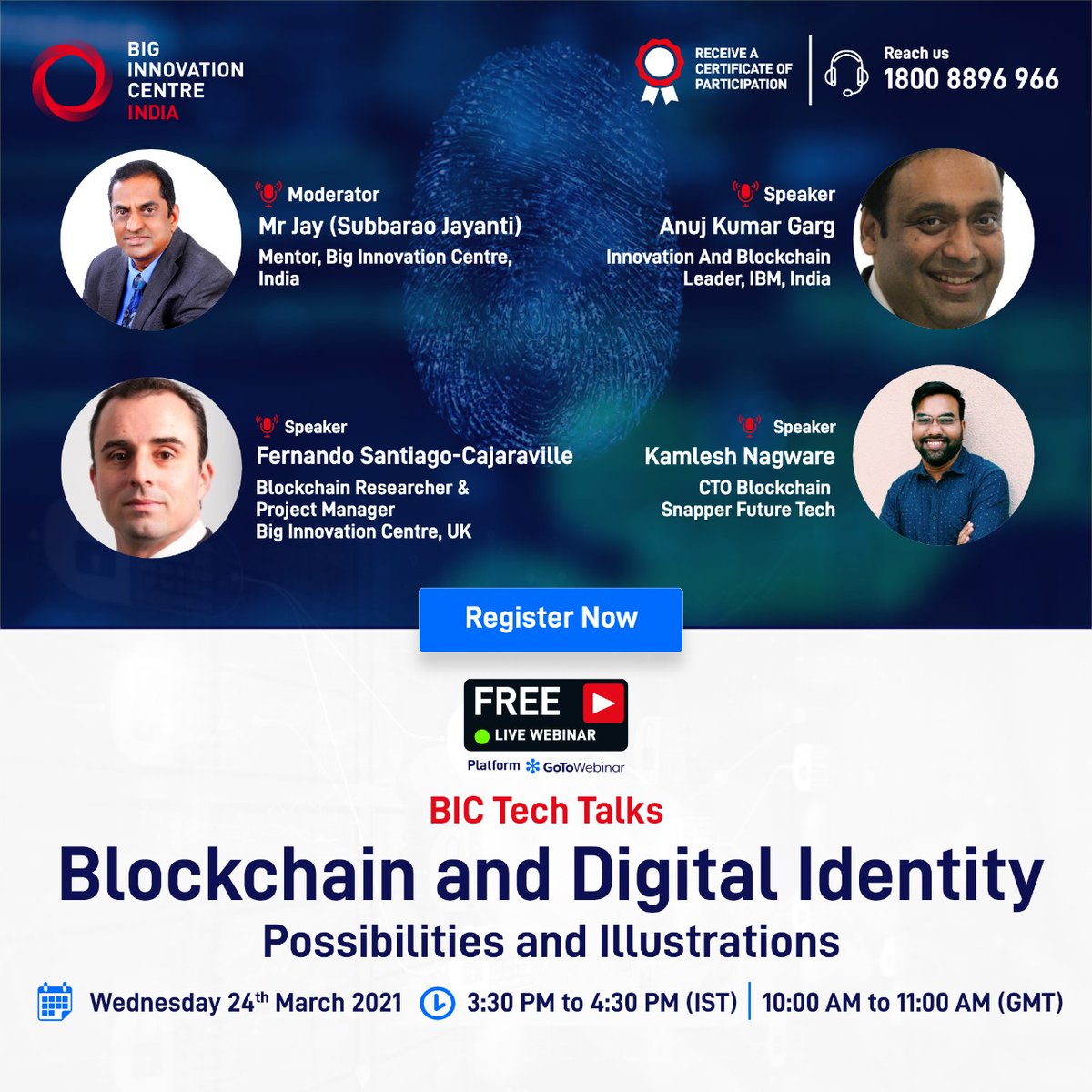 Join our first BIC Tech Talk with Mr Jay Strategic Innovator, Mr Fernando Santiago Cajaraville, Mr Anuj Kumar Garg and Mr Kamlesh Nagware.
Register Now: lnkd.in/gtu_CAC
#BICIndia #BIC #innovation #blockchain #techtalks #digitalidentity #tech #registernow