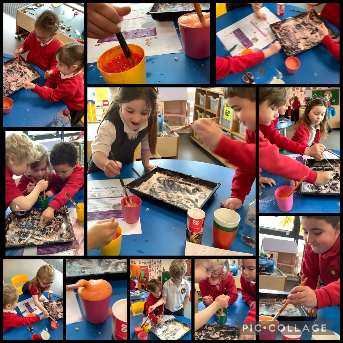 MrsMNicholas's tweet photo. Arbrofi gyda finegr, soda pobi a lliw bwyd! Experimenting with vinegar, baking soda and food colouring! #fizzzz #BritishScienceWeek2021 #wythnosgwyddoniaeth #dosbarthonnen @mrscsellwood https://t.co/WW7rF6uNNA