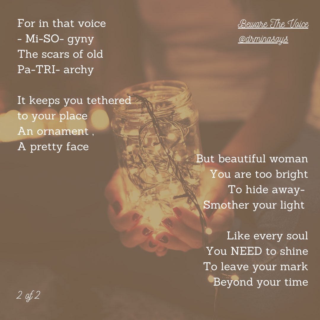Here is my (slightly late the party) poem for International Women’s Day. 

Happy International Women’s Day/Week. For all the women still wrestling with that voice - wherever it may come from.