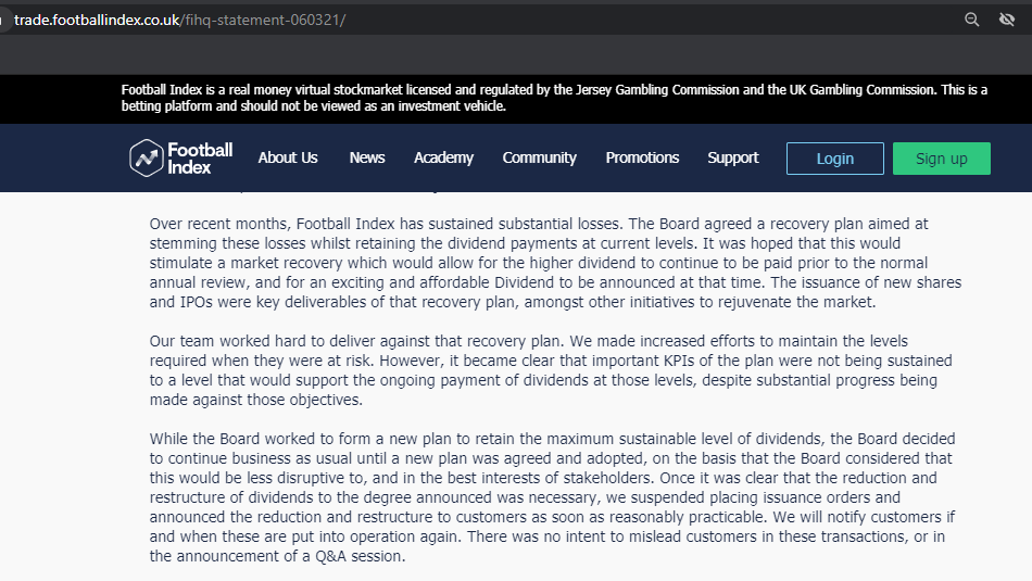 The financial difficulties (vs financial strength, as of 01/10/20) were re-iterated in a  #FootballIndex statement on 6 March 2021: "Over recent months, Football Index has sustained substantial losses".  https://trade.footballindex.co.uk/fihq-statement-060321/…