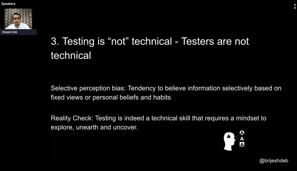 The comparison between developer and testers need to stop! -  @brijeshdeb states firmly in this most insightful talk '8 biases that drive misconceptions in Testing' 

bit.ly/testfest-uk

#thetestfest #UK