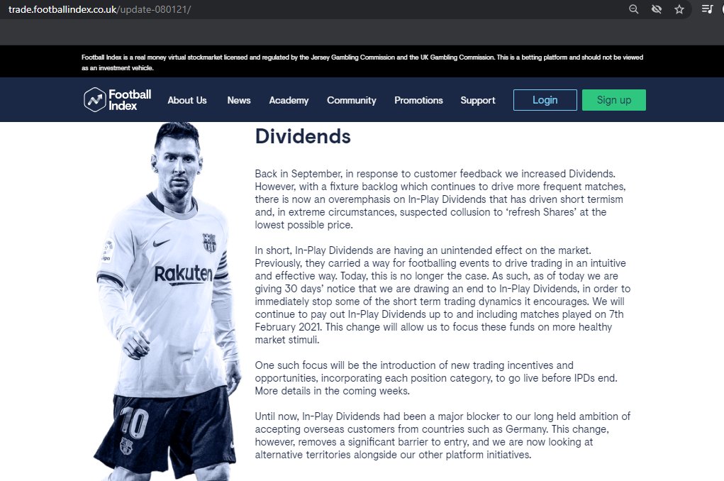 Interestingly,  #FootballIndex had removed another dividend (In-Play, aka IPD) in early 2021 also, and their announcement on 8 January 2021 did not state (or even hint at) financial difficulties  https://trade.footballindex.co.uk/update-080121/ 