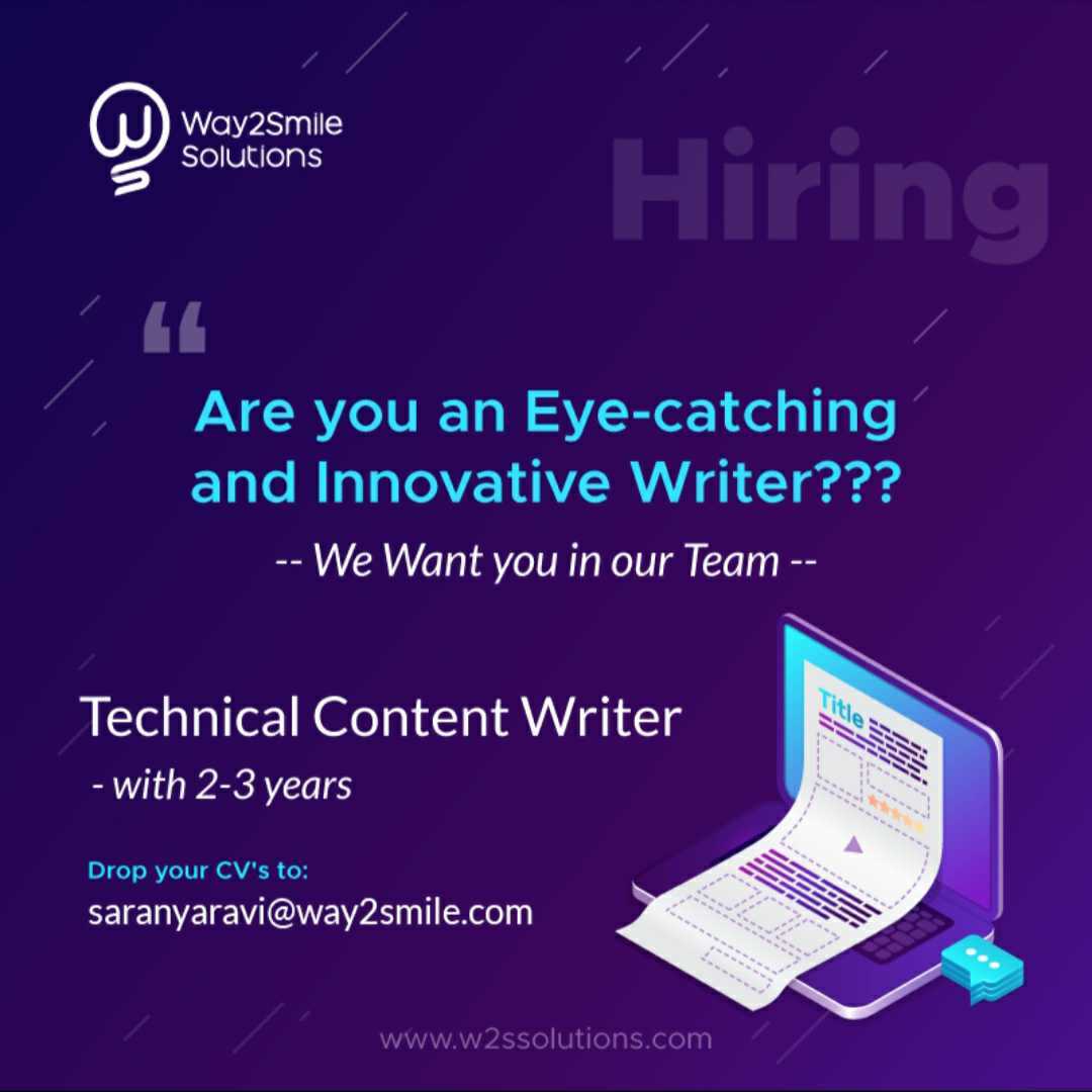 w2ssolutions's tweet image. #W2SSolutions is looking for #TechnicalContentWriter with 2-3 years of experience to join our awesome Digital Marketing Team.

Interested People share your updated CV and sample writeups to saranyaravi@way2smile.com

For queries, Reach Us at +91 - 9789894247

#ITJobs #JobOpenings