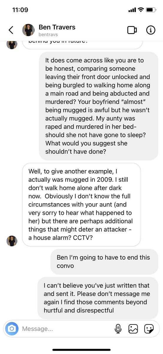 macrel's tweet image. A man has just told me my aunty could have prevented her own murder by having a house alarm. Even more scared for our future after receiving these messages from someone I have always liked and respected. This needs to end now. #SarahEverard  #victimblaming
